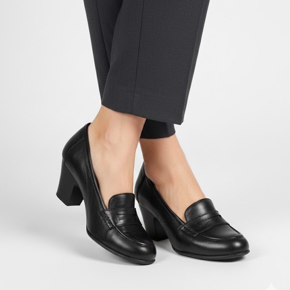 Born Black Leather Block Heel Loafers - Classic Slip-On